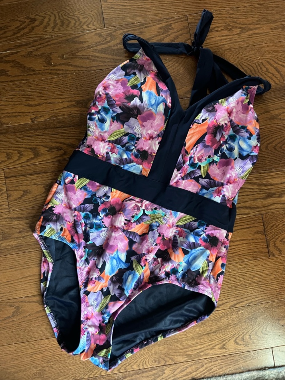 Floral One-Piece Women’s Halter Swimsuit with Navy Accents
